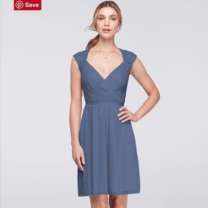 David’s Bridal Lace Knee-Length Dress Steel Blue